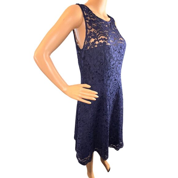 Davids Bridal Womens Short Sleeveless Illusion Lace Dress Size 12 Navy Blue Form - Picture 3 of 10
